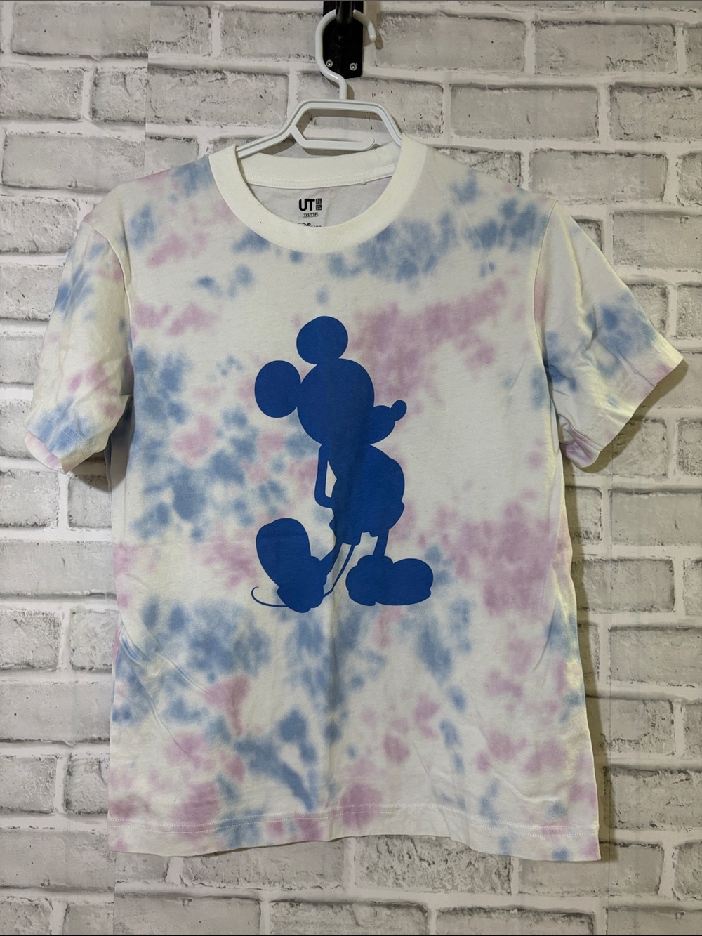 Uniqlo Disney White Tie-Dye Tee with Blue Mickey Silhouette, xxs